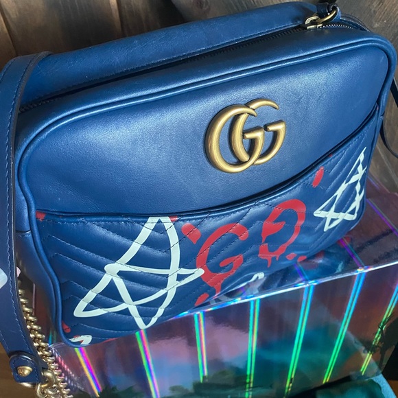 TRADED😍Gucci Rare GG Marking ghost Crossbody Chain Leather Bag Navy - Picture 2 of 14